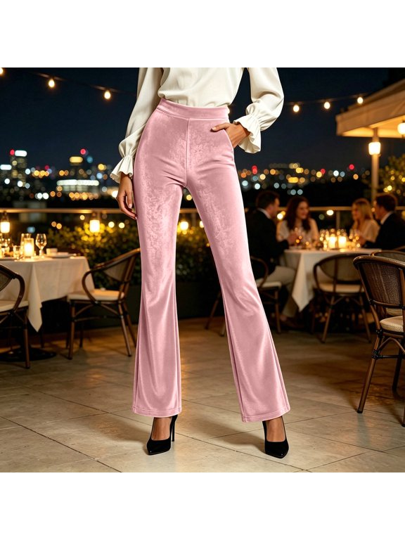 Women's High Waist Flare Pants Elegant Stretch Velvet Trousers with Decorative Buttons, Dressy Casual Party Pants for Wedding Gala Evening Wear and Holiday Celebrations