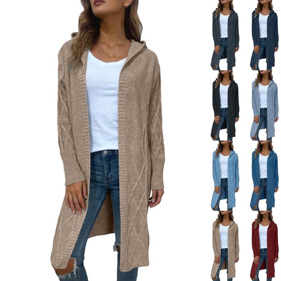 Jesvior Women's Open-Front Hooded Long Duster Cardigan, Loose Cable-Knit Maxi Sweater for Fall Travel, Shopping, Casual Weekend Outfits
