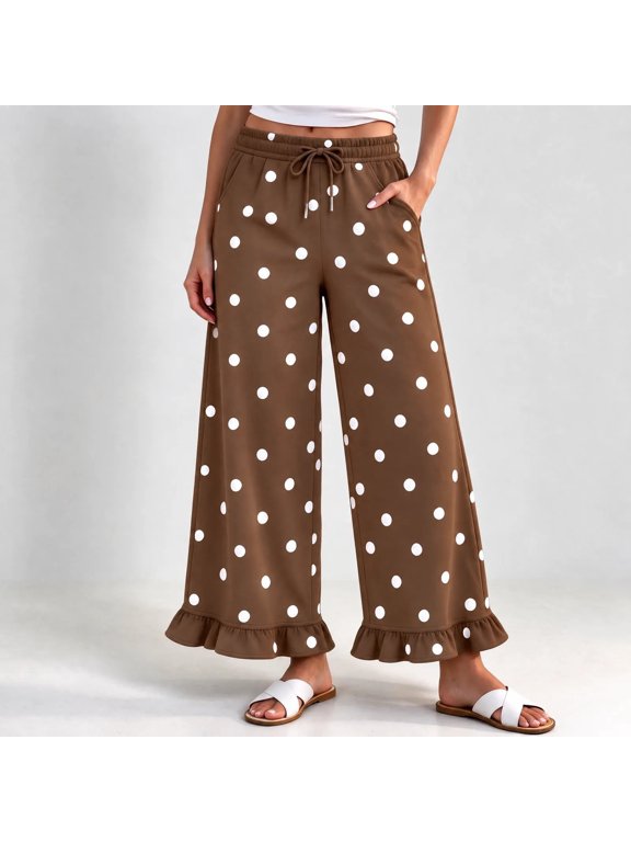 Women's Polka Dot Straight-Leg Trousers with Ruffled Drawstring Waist, Casual Print Long Pants for Brunch Dates, Weekend Getaways and Effortless Day-To-Night Styling