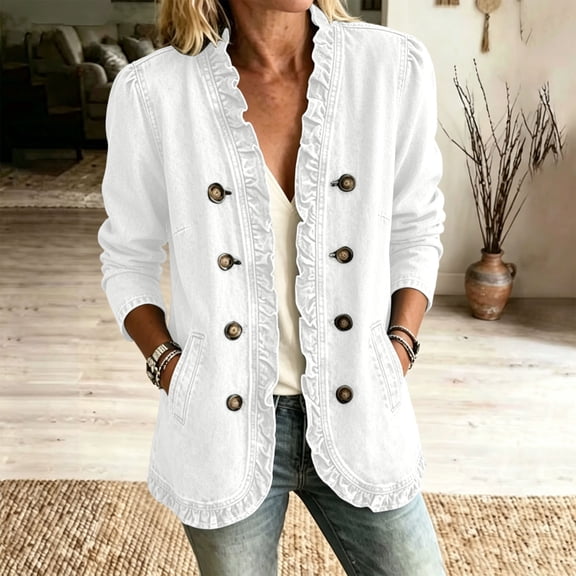 Jesvior Women's Ruffle Denim Jacket Mid-Length Long Sleeve Button Down Light Wash Shacket,Collarless V-Neck Open Front Coat with Pockets,Casual Weekend Trip Ranch Shopping Streetwear Outfit Layer