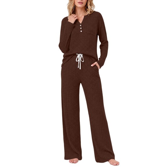 Jesvior Women's Sleepwear Set Classic Fit Long Sleeve V-Neck Top and Drawstring Wide-Leg Pants Soft Ribbed Knit 2-Piece Pajama Lounge Set for Bedtime, Lazy Weekend Relaxing and Postpartum Comfort