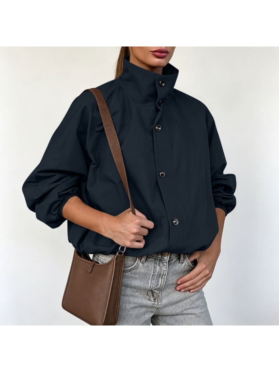 Women's Solid Color Zip-Up Jacket with Stand Collar and Long Sleeves,Mid-Length Windbreaker Outerwear with Elastic Hem and Side Pockets for City Strolls and Weekend Travel