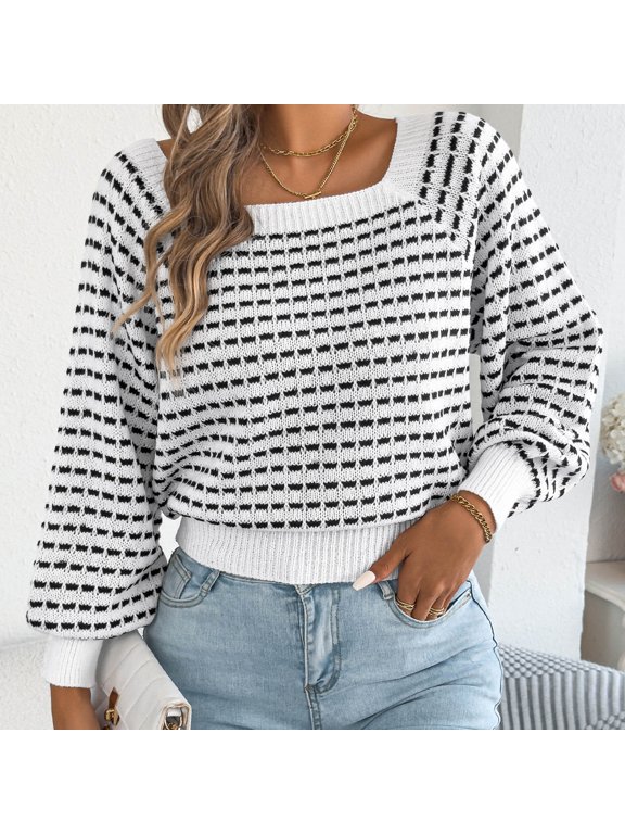 Women's Striped Crew Neck Pullover Sweater with Drop Shoulder Blouson Long Sleeves,Relaxed Fit Knit Top for Casual Fall Winter Coffee Dates and Weekend Shopping Trips