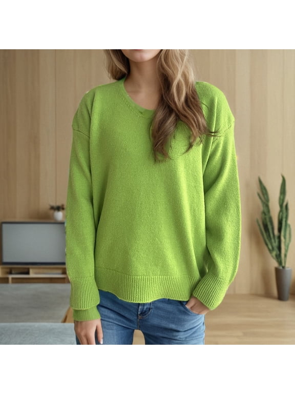 Women's V-Neck Pullover Sweater Long Sleeve Relaxed Fit Drop Shoulder Knit Top with and Floral Detail,Cozy Fall Winter Casual Outfit for Coffee Dates and Weekend Getaways