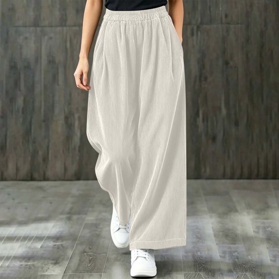 Jesvior Women's Wide-Leg Corduroy Pants High-Waisted Pull-On Trousers with Pockets, Casual Solid Color Long Bottoms for Weekend Strolls, Coffee Dates and Travel Comfort