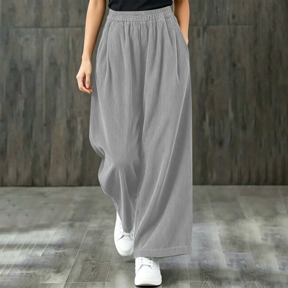Jesvior Women's Wide-Leg Corduroy Pants High-Waisted Pull-On Trousers with Pockets, Casual Solid Color Long Bottoms for Weekend Strolls, Coffee Dates and Travel Comfort