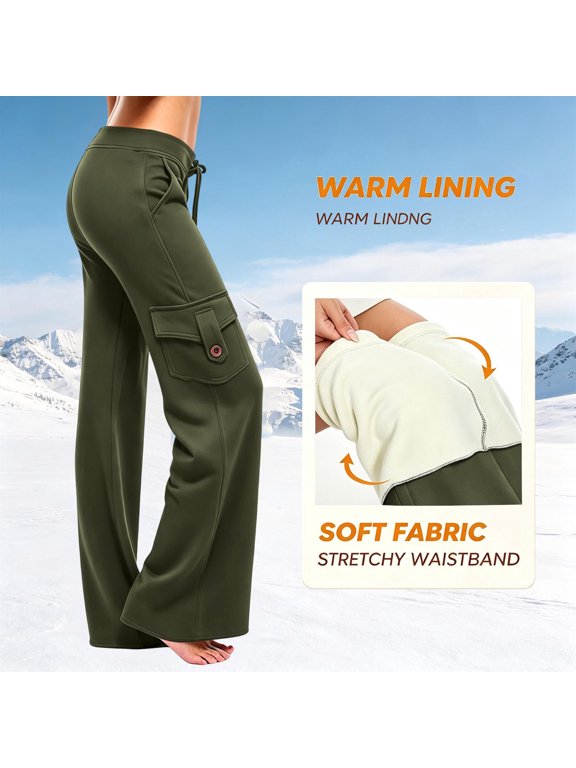 Women's Wide-Leg Fleece-Lined Yoga Pants High Waist Soft Stretch Athletic Lounge Bottoms with Pockets for Winter Commuting and Outdoor Walking