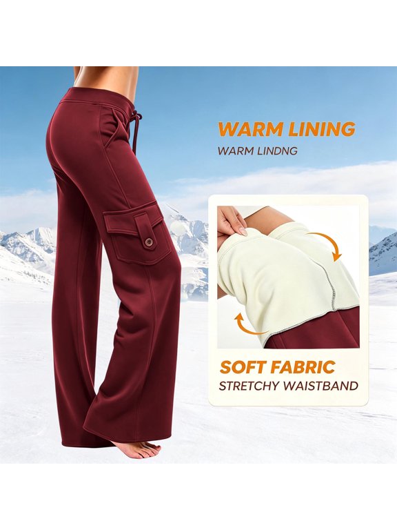 Women's Wide-Leg Fleece-Lined Yoga Pants High Waist Soft Stretch Athletic Lounge Bottoms with Pockets for Winter Commuting and Outdoor Walking