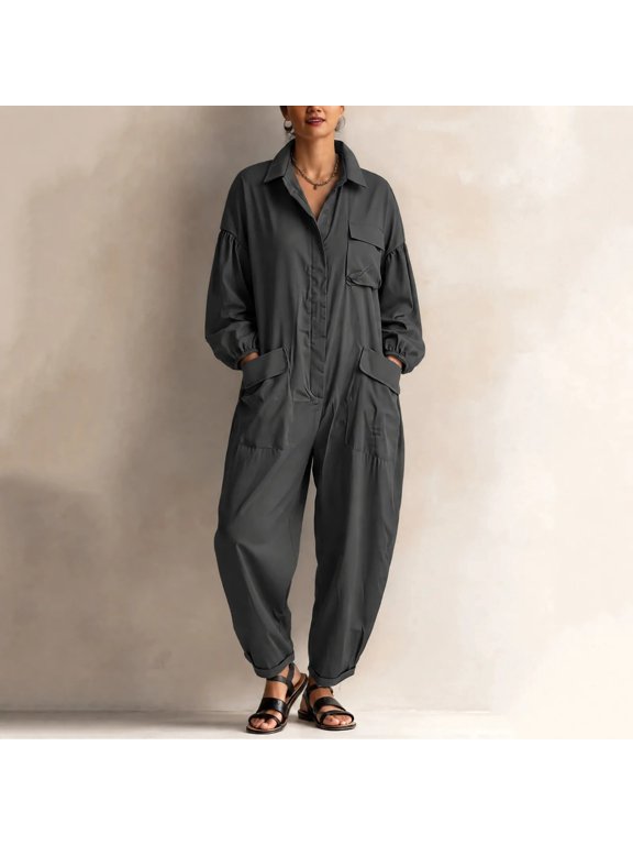 Women's Wide-Leg Jumpsuit Solid Color Lapel Long Sleeve Workwear One-Piece, Casual Fall Winter Outfit for Office, Date Night Weekend Getaway
