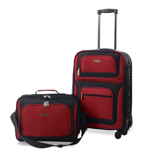 Jet 2Piece CarryOn Messenger Bag Spinner Luggage Set, Black/Red