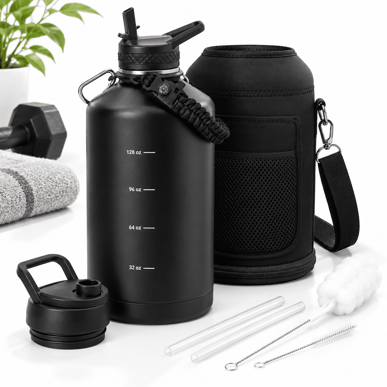 Jet Black 128 Ounces Insulated Stainless Steel Water Bottle with ...