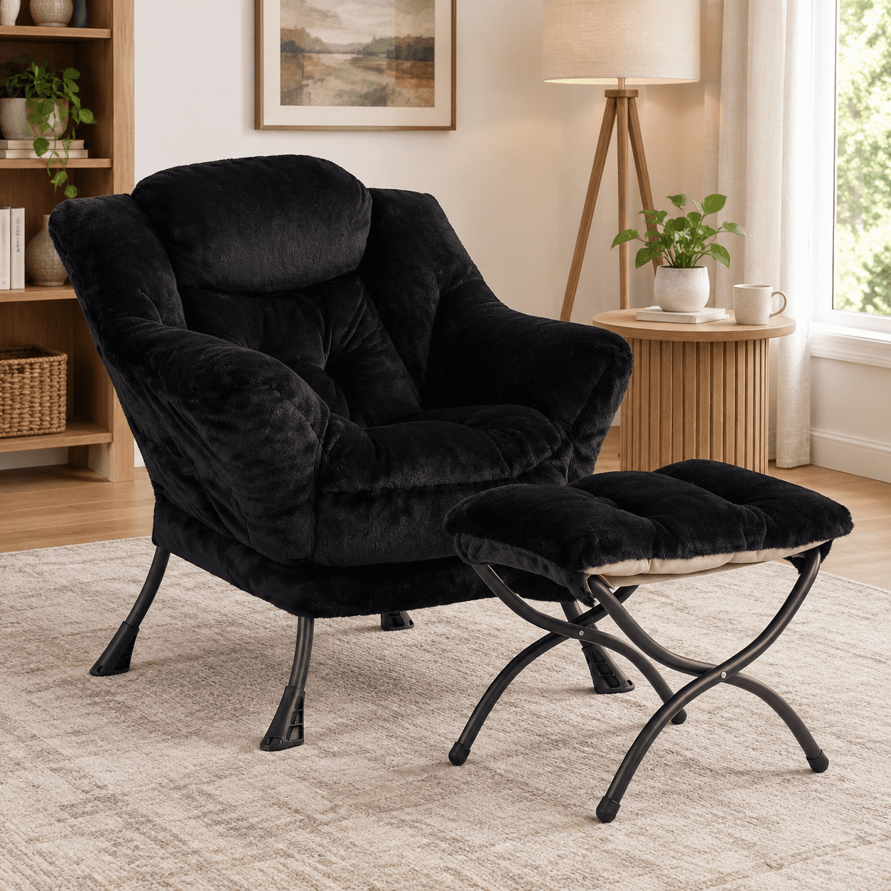 Jet Black Lazy Accent Chair with Ottoman, Soft Fabric Upholstered ...