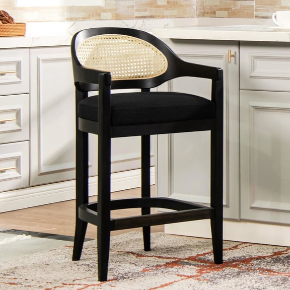 Jet Black Mid-century Furniture Stool, Style. 30.5" Cane Back. Solid Oak Frame. Handmade Perfection. Mid-back Seat Comfort. Insert. Brass Foot Rest. 20 Lb. 41.61 In H. 20.61 W. 19.47 D Precision.