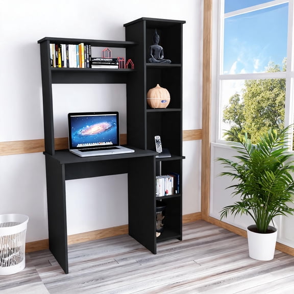 Jet Black Particle Board Computer Desk for Indoor Residential Home Work, 5 Cubby Storage Design