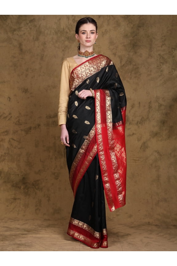 Jet-Black Pure Silk Saree with Zari Woven Motifs and Contrast Red Border & Anchal from Bangalore