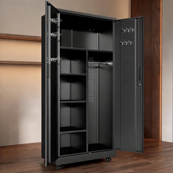 Jet Black Reinforced Steel 71 Inch Freestanding Lockable Storage Locker Cabinet for Indoor Secure Storage