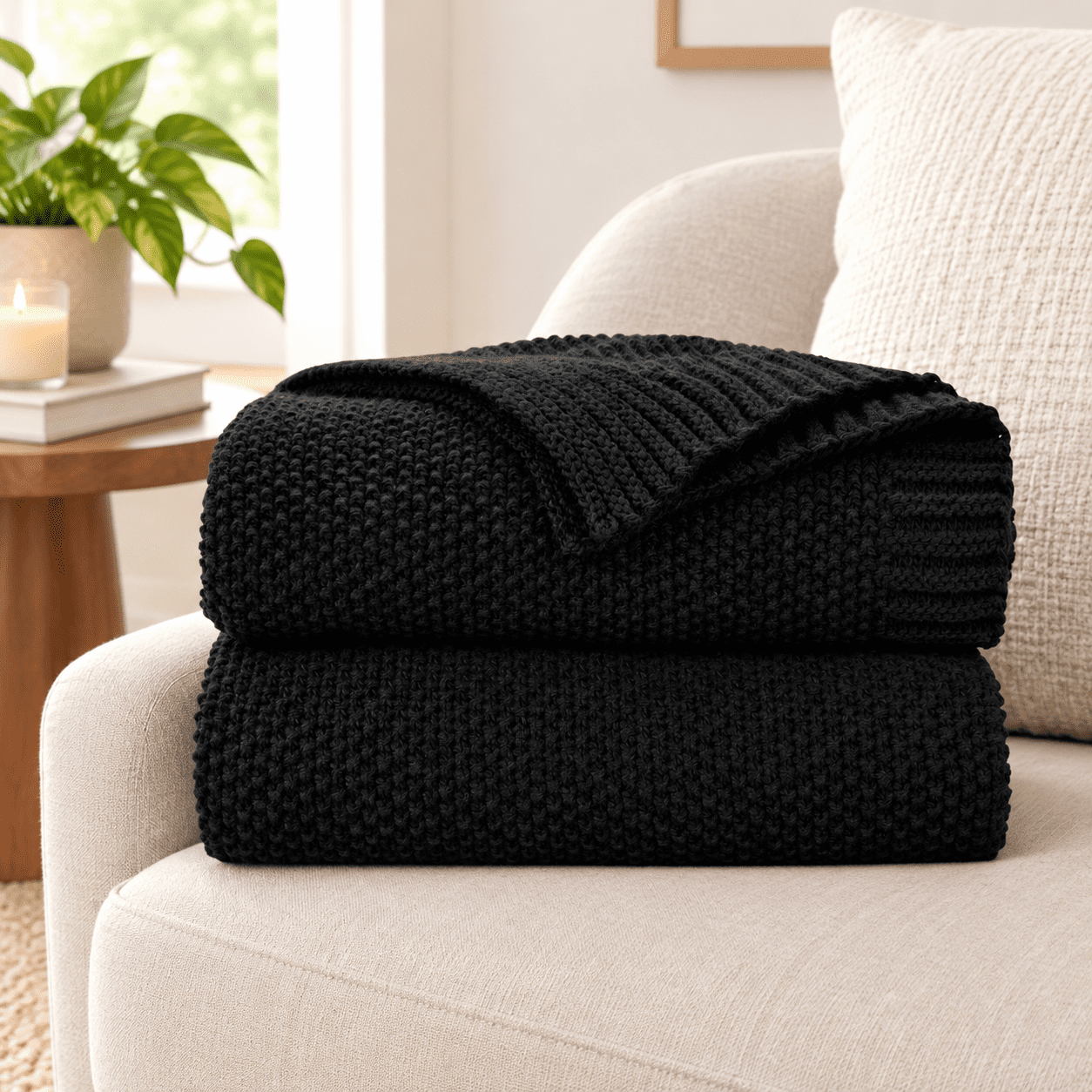 Jet Black Seed Knit Throw Blanket 60