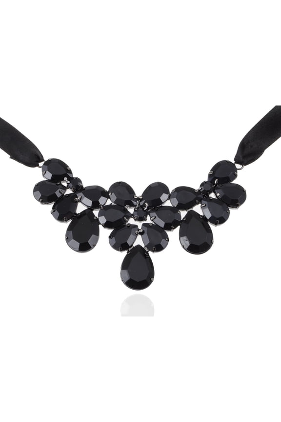 Jet Black Shiny Stones Victorian Gothic Chunky Multi Layer Bib Tie Necklace