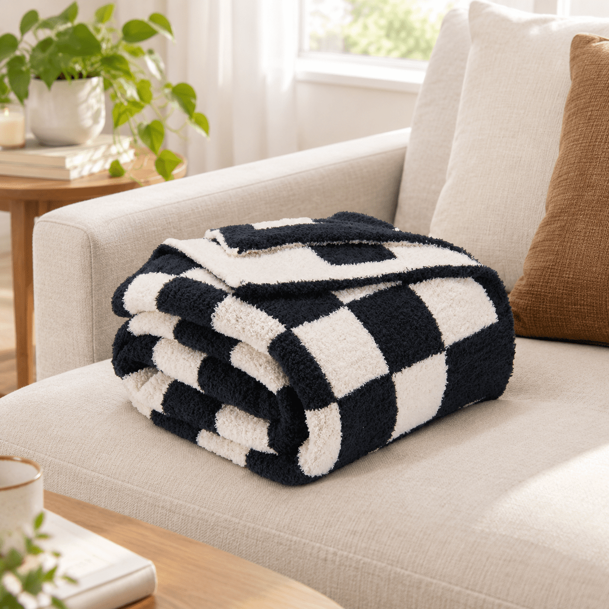 Jet Black and White Reversible Checkered Knit Throw Blanket 50
