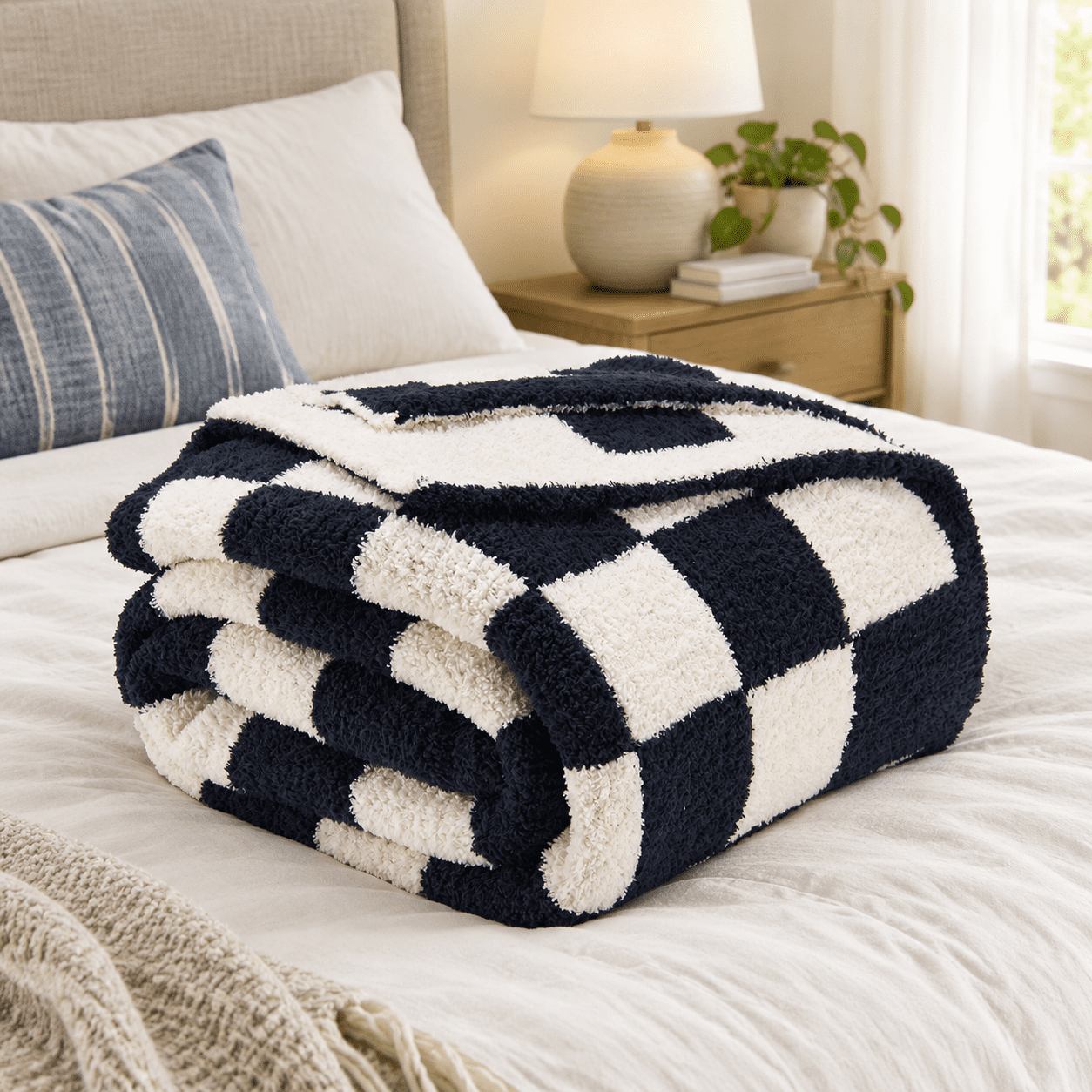 Jet Black and White Reversible Checkered Knit Throw Blanket 60