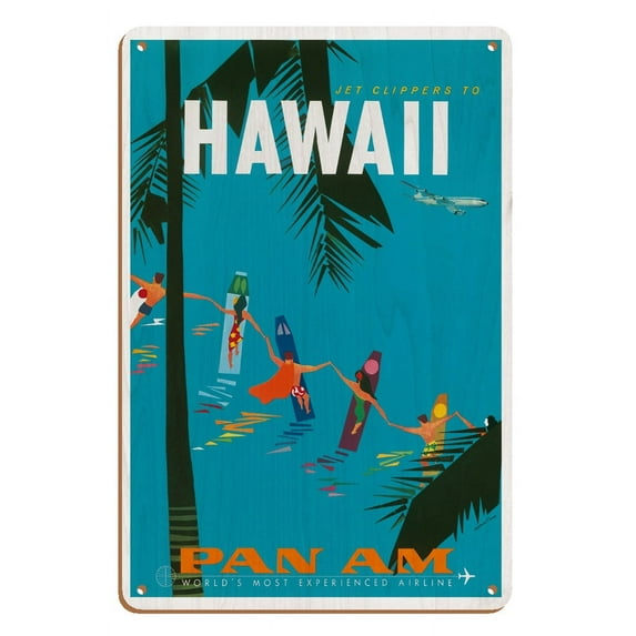 Jet Clippers to Hawaii - Hawaiian Surfers Linking Hands - Vintage Airline Travel Poster by Aaron Fine c.1959 - 8 x 12 inch Vintage Wood Art Sign