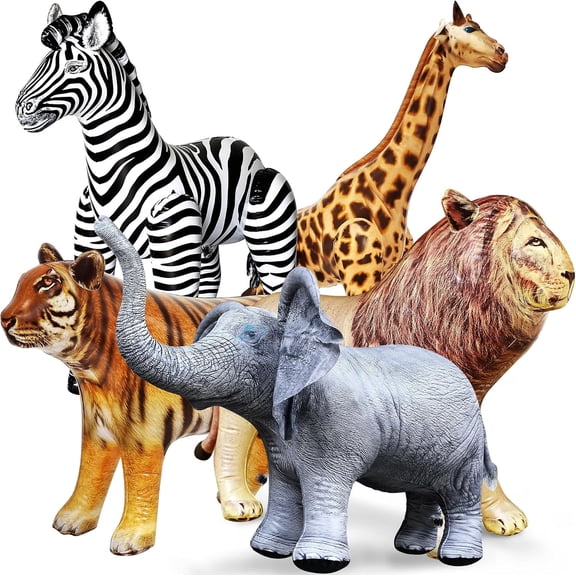 Jet Creations Safari Inflatable Plush Stuffed Animal 5 Pack Giraffe Zebra Elephant Lion Tiger for Pool, Party Decoration, Size up to 40 inch, AIR-GZELT5, 36, Multi