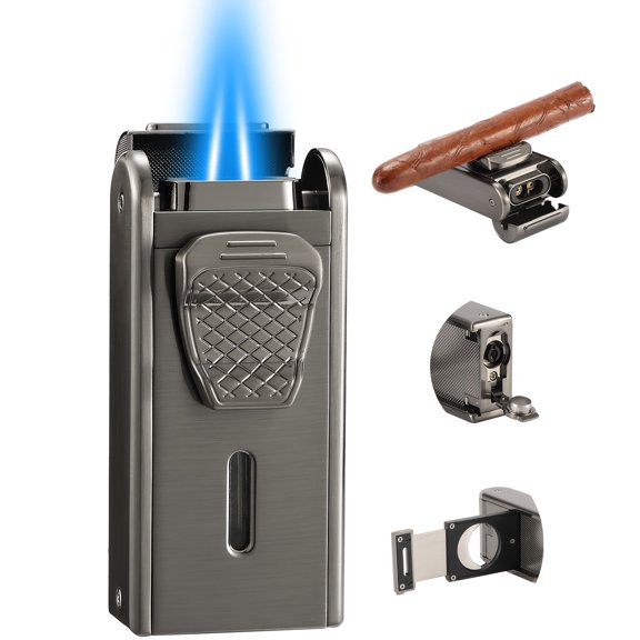 Jet Flame Butane Lighter with Built-In Cutter, Punch, And Holder Function. Refillable And Adjustable, This Windproof Gas Lighter Makes a Great Gift for Men. (Gas Not Included)