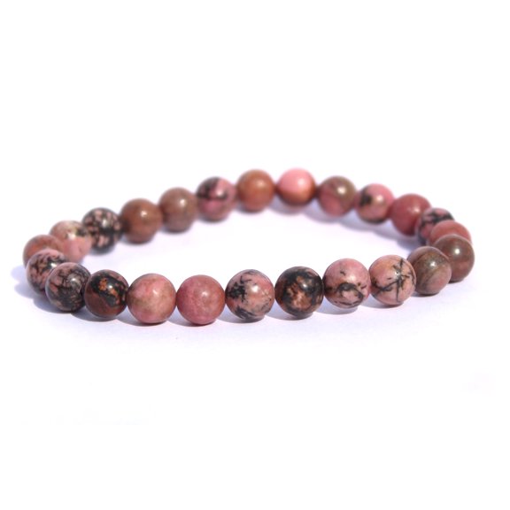 Jet International Rhodonite Round Beads Stretch Bracelet, Pink, 1 Pack