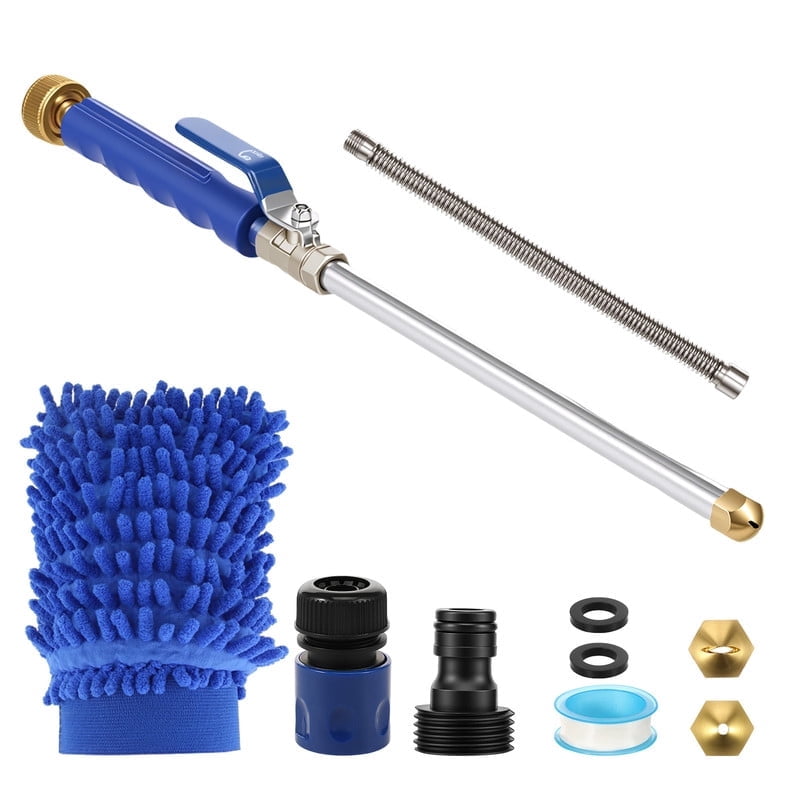 Jet Nozzle High Pressure Hose Nozzle with Extension Wand 2-in-1 High Pressure Power Washer for Car Washing Gutter Cleaning Watering with 2 Different Tips Quick Connectors and Gloves 18 Inch Blue