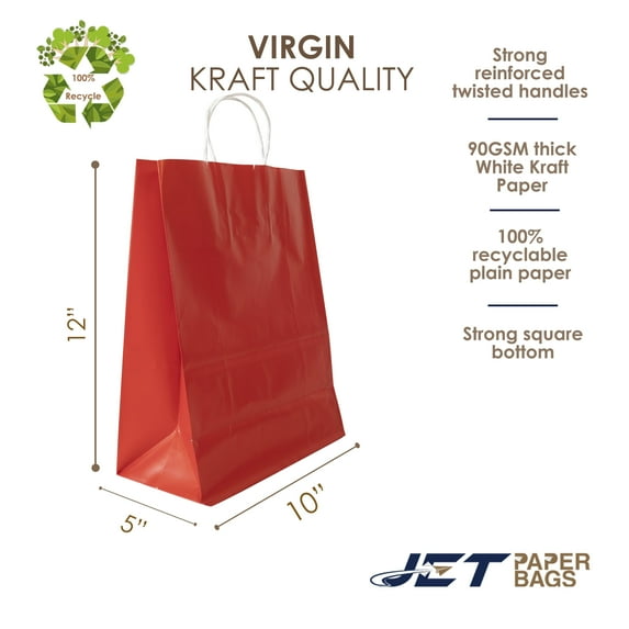 Jet Paper Bags 100 Pcs 10" x 5" x 12H" RED Colored Kraft Paper Shopping Bag with Twisted Handles for Gift, Merchandise, Birthday, Christmas,, Wedding, Party Favor, Thank You and More