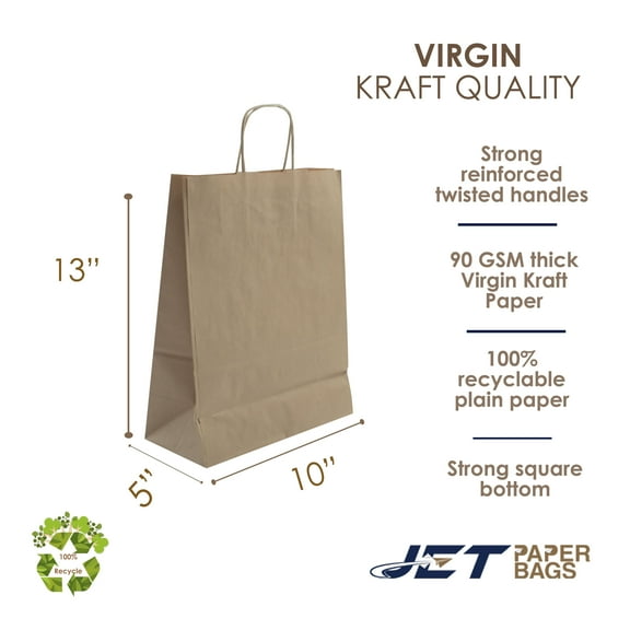 Jet Paper Bags [100 Pcs] 10" x 5" x 13"H Brown Kraft Paper Shopping Bags with Twisted Handles for Gift, Merchandise, Birthday, Christmas, Wedding, Party Favor, Thank You and More -Ella