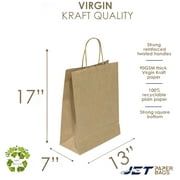 Jet Paper Bags [100 Pcs] 13" x 7" x 17H" Brown Virgin Kraft Paper Shopping Bags with Twisted Handles for Gift, Merchandise, Christmas, Birthday, Wedding, Party Favor, Thank You and More -MIRA-