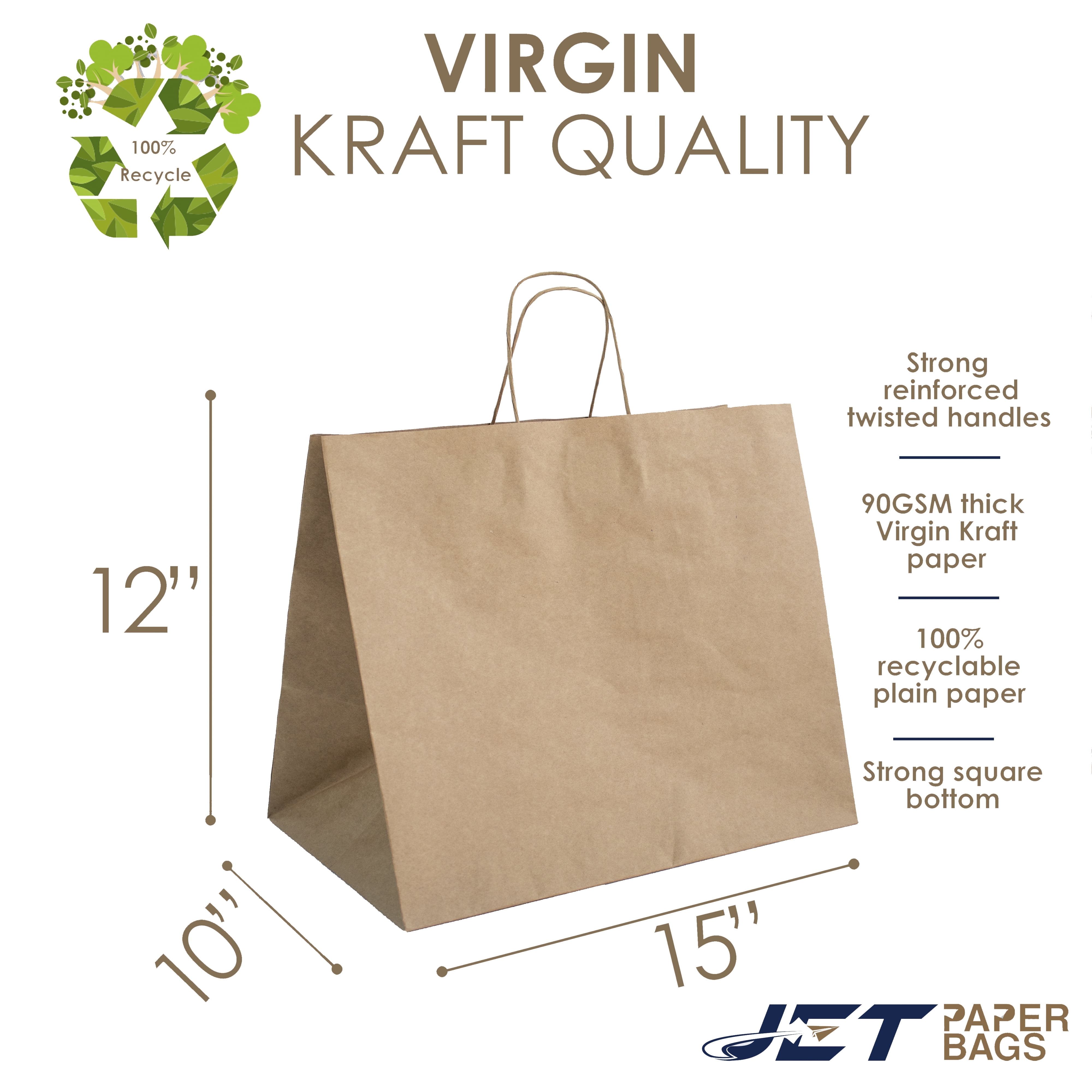 Jet Paper Bags 100 Pcs 15" x 10" x 12H Brown Virgin Kraft Paper Gift Bags with Twisted Handles -Zara