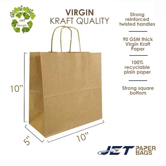 Jet Paper Bags 100 Pcs Brown Kraft Paper Gift Bag with Twisted Handles, 100 Pcs 10" x 5" x 10H- AYLA