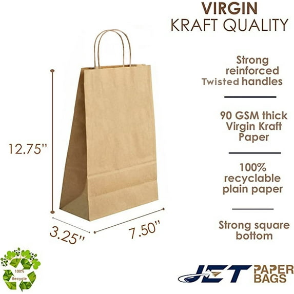 Jet Paper Bags 100 Pcs Brown Virgin Kraft Twisted Handle Shopping Paper Bags, 7.50" x 3.25" x 12.88"H