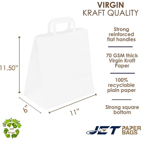 Jet Paper Bags 25 PCS White Kraft Paper Bags with Flat Handles, 11" x 6" x 11.5"H - RAY