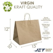 Jet Paper Bags [ 25 Pcs 15" x 10" x 12H" Brown Kraft Paper Shopping Bags with Twisted Handles for Jumbo Paper Bags, Cargo Shopping Bags, Gift, Merchandise, Birthday, Christmas, Wedding