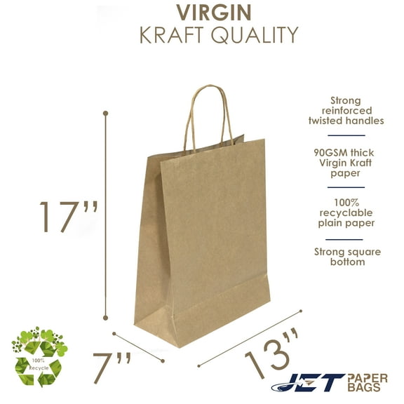 Jet Paper Bags 50 Pcs Virgin Kraft Paper Gift Bags, 13" x 7" x 17H" - MIRA