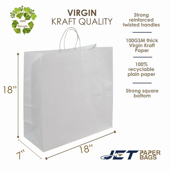 Jet Paper Bags Large White Kraft Paper Shopping Bag with Twisted Handles 100 Pcs, 18 x 7 x 18 - LANA
