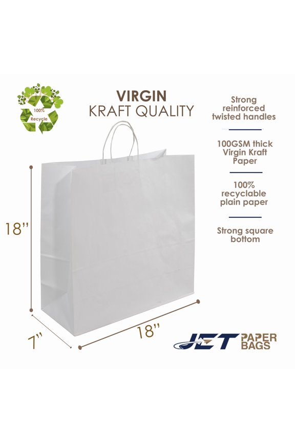 Large White Kraft Paper Shopping Bag with Twisted Handles 100 Pcs, 18 x 7 x 18 - LANA