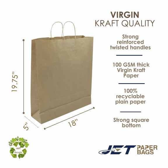 Jet Paper Bags Reusable Brown Virgin Kraft Paper Shopping Bags, 100-Piece