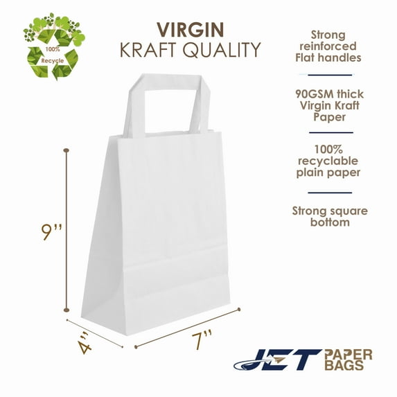 Jet Paper Bags White Kraft Paper Bags, 50 PCS, 7" x 4" x 9"H - GEO