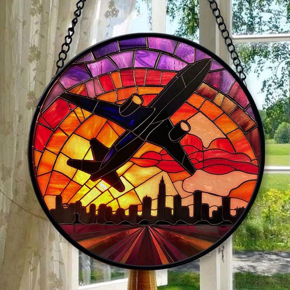 Jet Plane Suncatcher Stained Glass Window Hanging Handmade Stained Glass Suncatchers Decoration with Metal Chain Outdoor Garden Decor Gift for Women Christmas Thanksgiving Gifts,