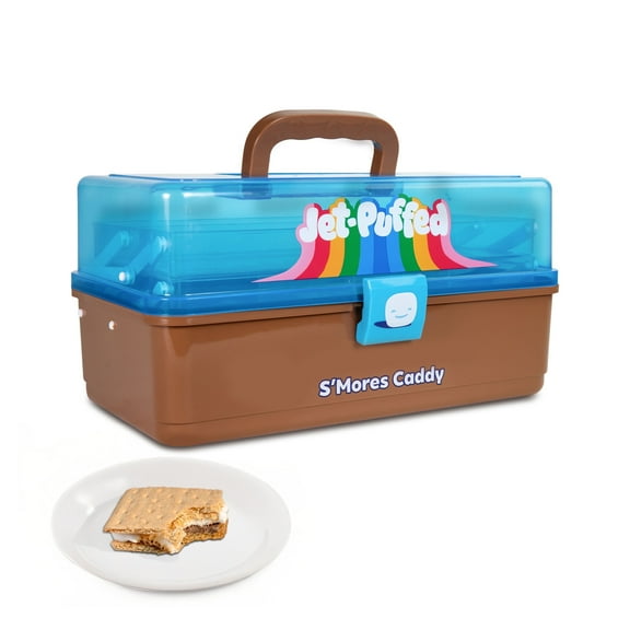 Jet-Puffed Nostalgia Lighted S’mores Caddy, Essential Marshmallow Roasting and S’mores Making Supplies for Camping, Vacation, and Backyard Bonfires, Carry Handle, Retractable Trays, and Carry Handle