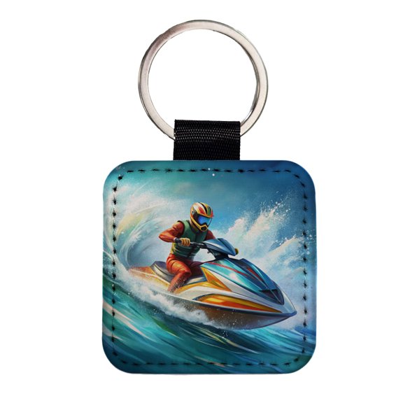 Jet Ski Skiing Racing Faux Leather Square Keychain
