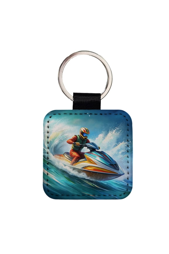 Jet Ski Skiing Racing Faux Leather Square Keychain