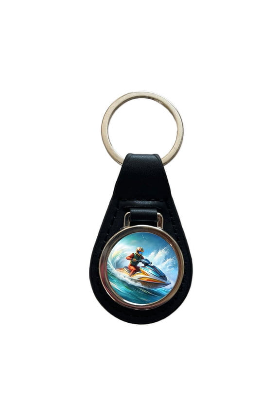 Jet Ski Skiing Racing Metal Black Leather Keychain