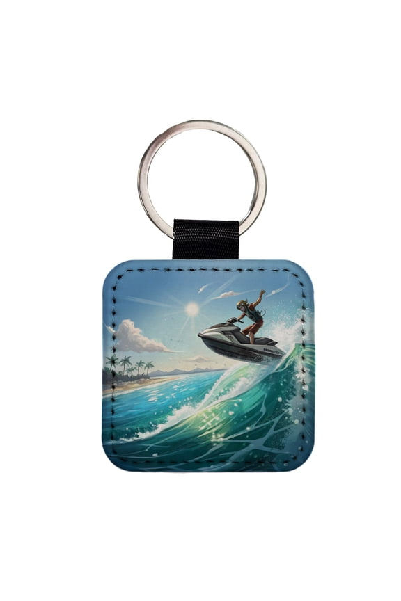 Jet Ski Skiing at Tropical Beach Faux Leather Square Keychain