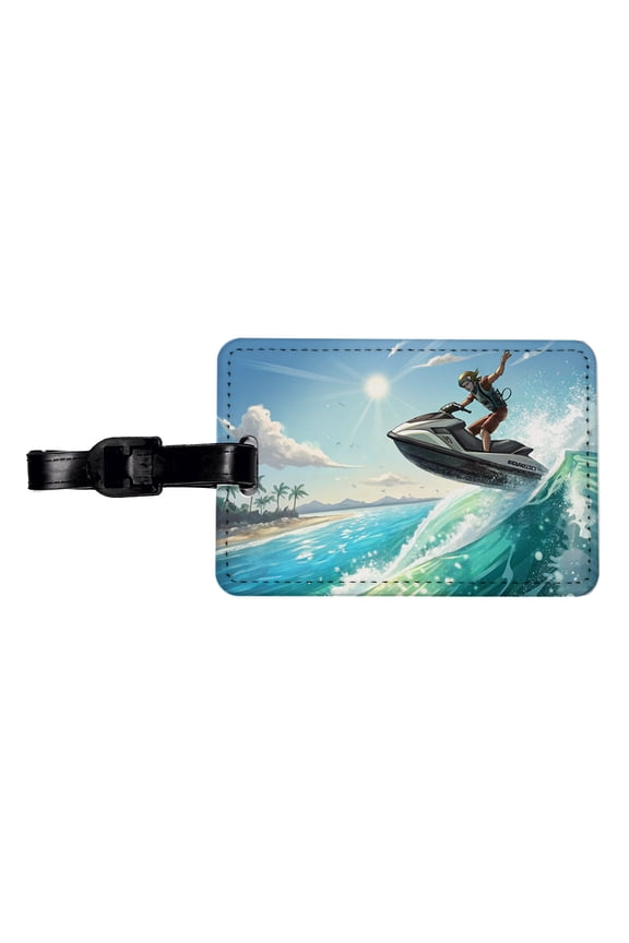 Jet Ski Skiing at Tropical Beach Faux Leather Travel Luggage Tag