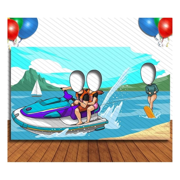 Jet Ski and Wakeboarding, Summer Party Theme, 42x72" Photo Standee, Hole in Face Cutout, Fun Party Selfie Backdrop Props